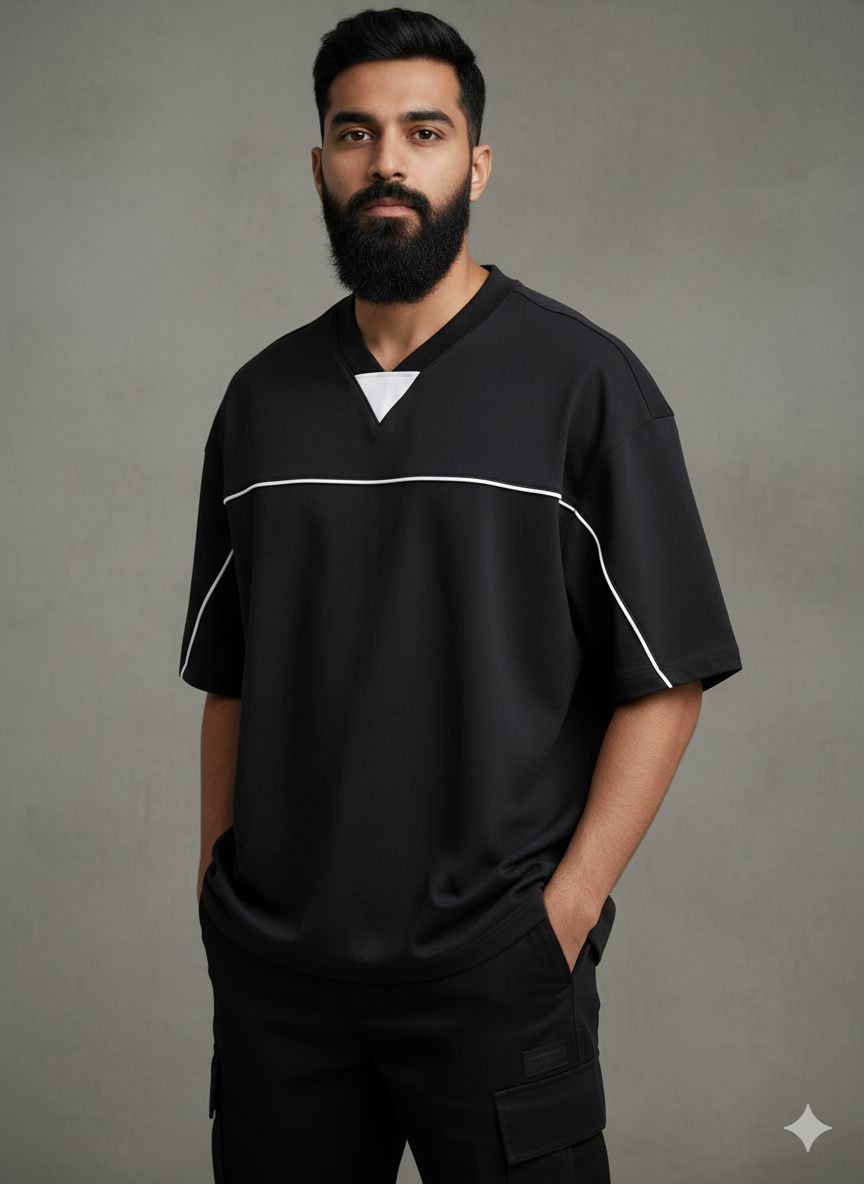 Oversized V-Neck Panel T-Shirt for Men – Streetwear Comfort & Style
